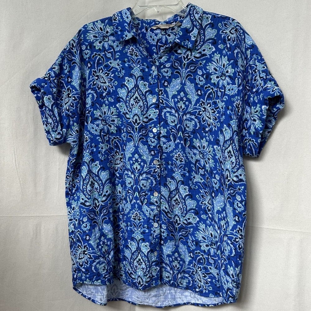 Soft Surroundings Paisley 100% Cotton Gauze Blue Je Veux Button Down Shirt Sz. L
